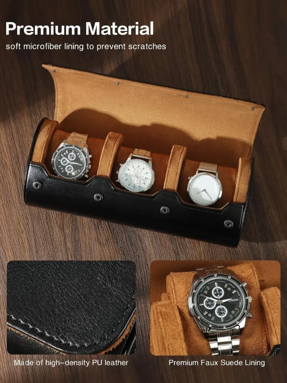 Stylish PU Leather Watch Travel Case for 1-3 Watches, Odor-Free & Gift-Ready